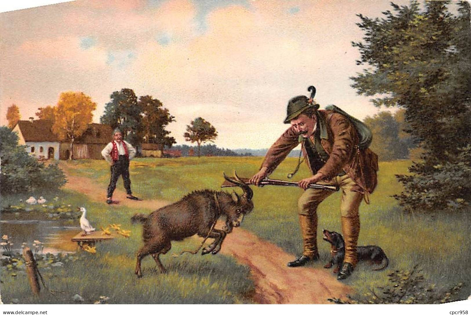 Sports - N°90993 - Chasse - Chèvre Fonçant Sur Un Chasseur Sous Le Regard D'un Teckel - Hunting