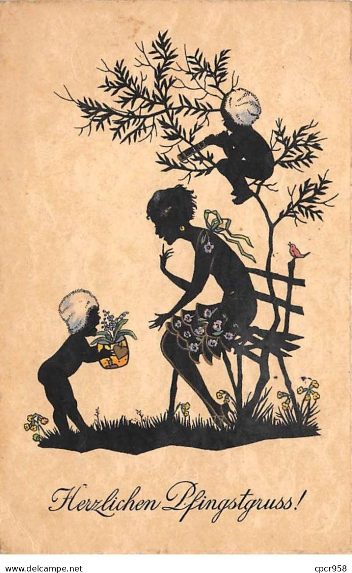 Silhouettes - N°90957 - Herzlichen Pfingstgruus - Jeune Fille Assise Sur Un Banc, Avec Des Anges Lui Offrant Des Fleurs - Silueta