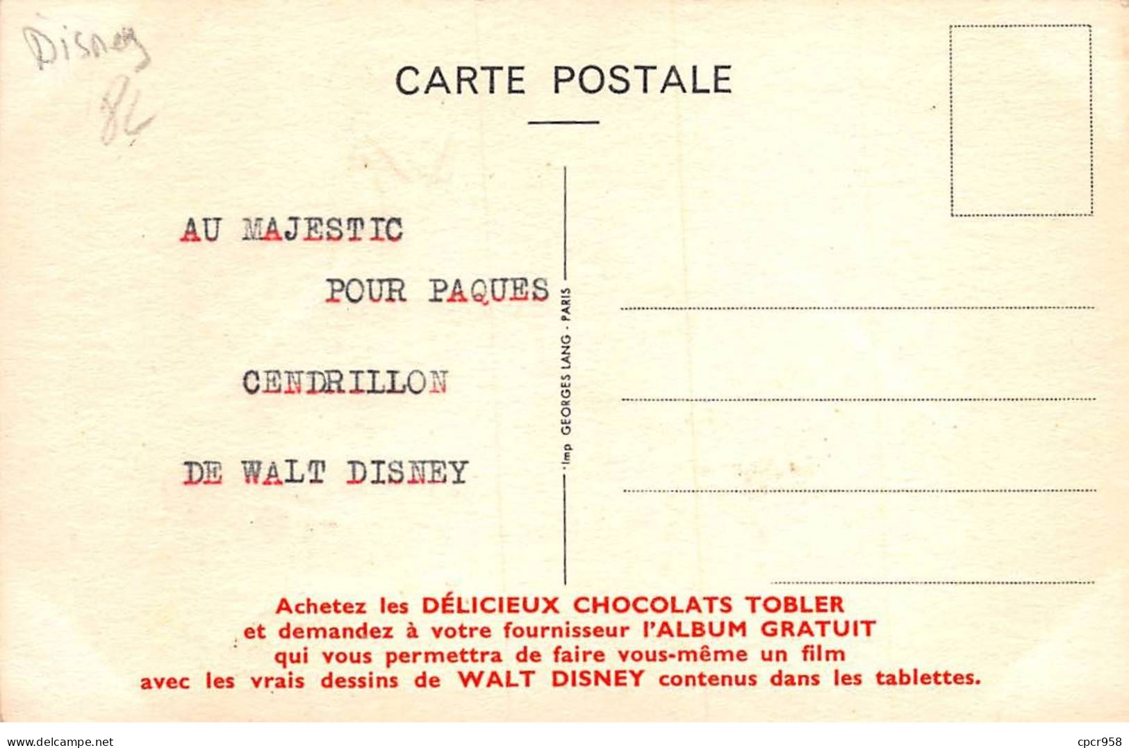 Disney - N°90897 - Frère Lapin - W.D.A. - Carte Publicitaire Chocolat Tobler - Disneyland