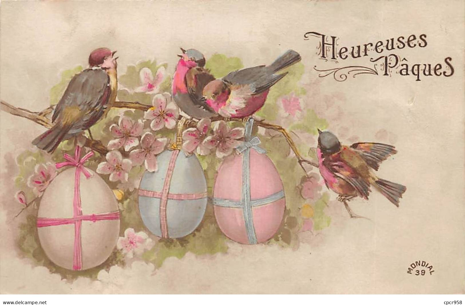 Pâques - N°90871 - Heureuses Pâques - Rouges-gorges Sur Une Branche Fleurie Avec Des Oeufs - Pâques