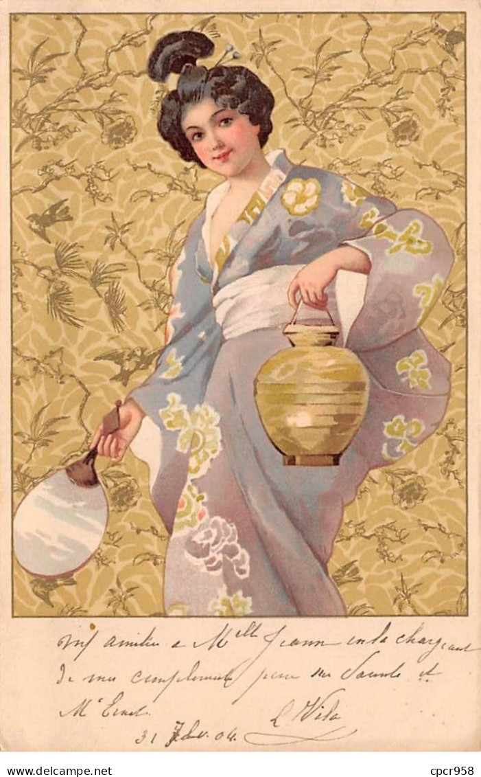 Illustrateur - N°91731 - Jeune Femme En Kimono Portant Un éventail Et Un Lampion - Sonstige & Ohne Zuordnung