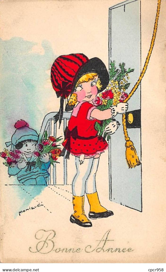 Illustrateur - N°91729 - Monique - Bonne Année - Fillette Portant Un Bouquet De Fleurs Sonnant à Une Porte - Other & Unclassified