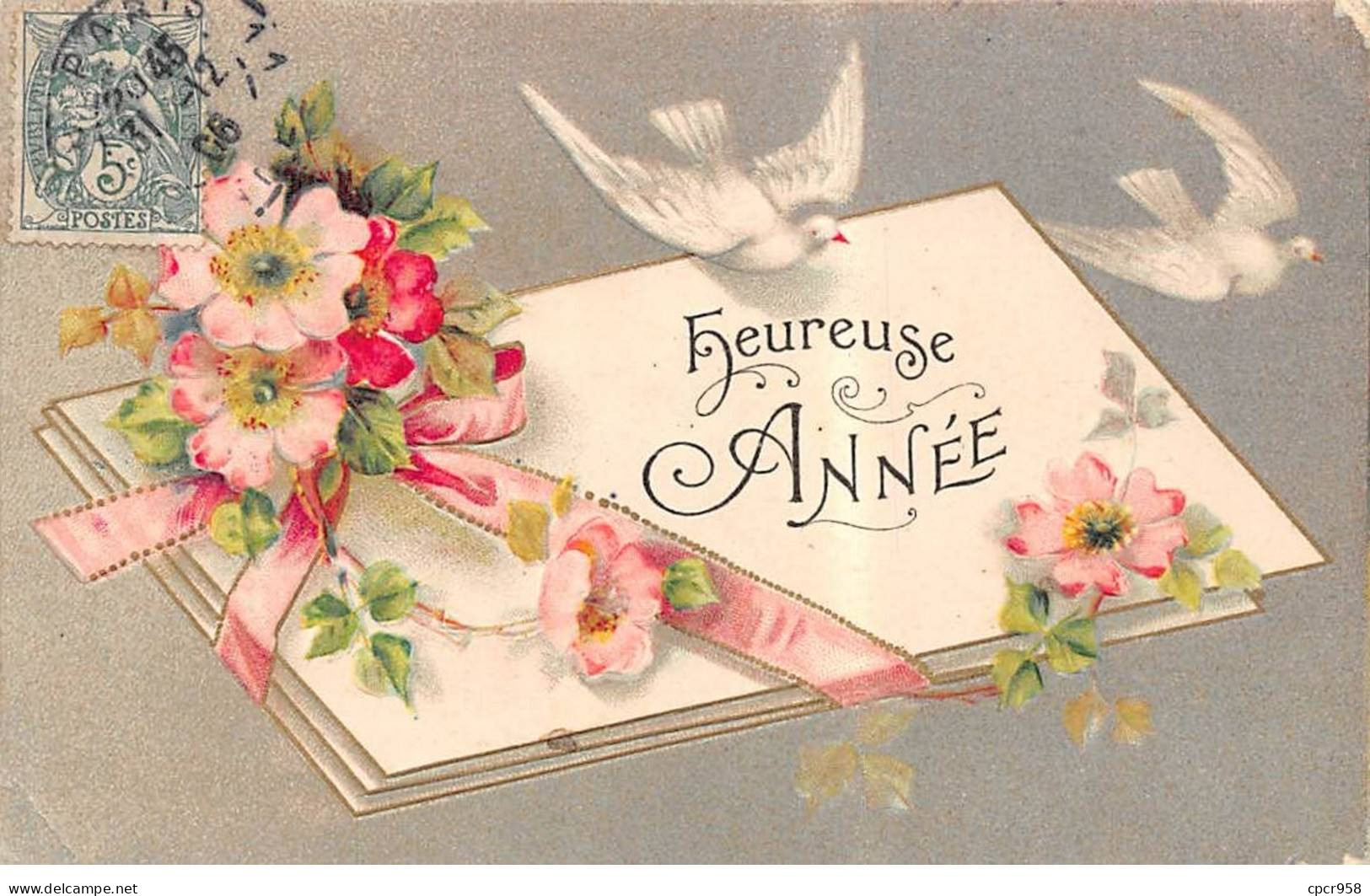 Nouvel An - N°91250 - Heureuse Année - Colombes Avec Des Lettres, Et Des Fleurs - Carte Gaufrée - Nouvel An
