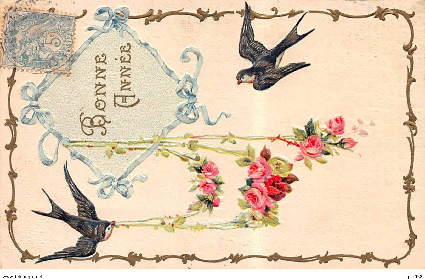 Nouvel An - N°91249 - Bonne Année - Hirondelles Avec Une Guirlande De Roses - Carte Gaufrée - Nouvel An