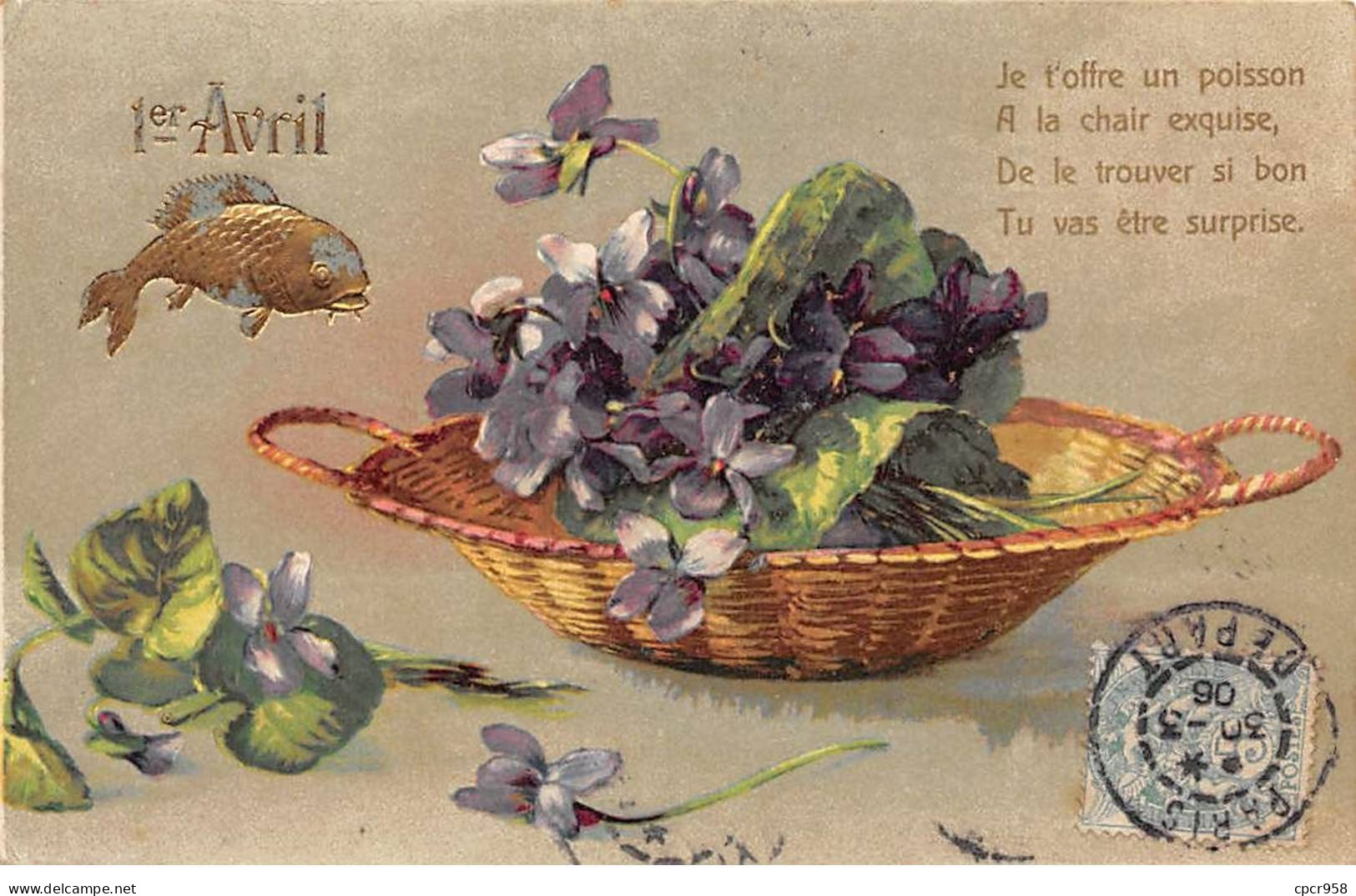1er Avril - N°91239 - Je T'offre Un Poisson ... Tu Vas être Surprise - Panier Rempli De Violettes - Carte Gaufrée - April Fool's Day