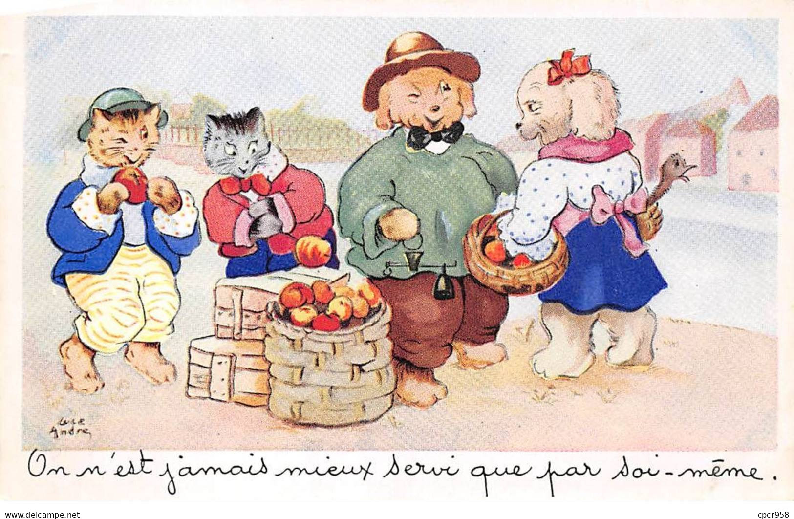 Animaux - N°91220 - Chat - Luce André - On N'est Jamais ... Soi-même - Chat Et Chiens Habillés Achetant Des Pommes - Gatos
