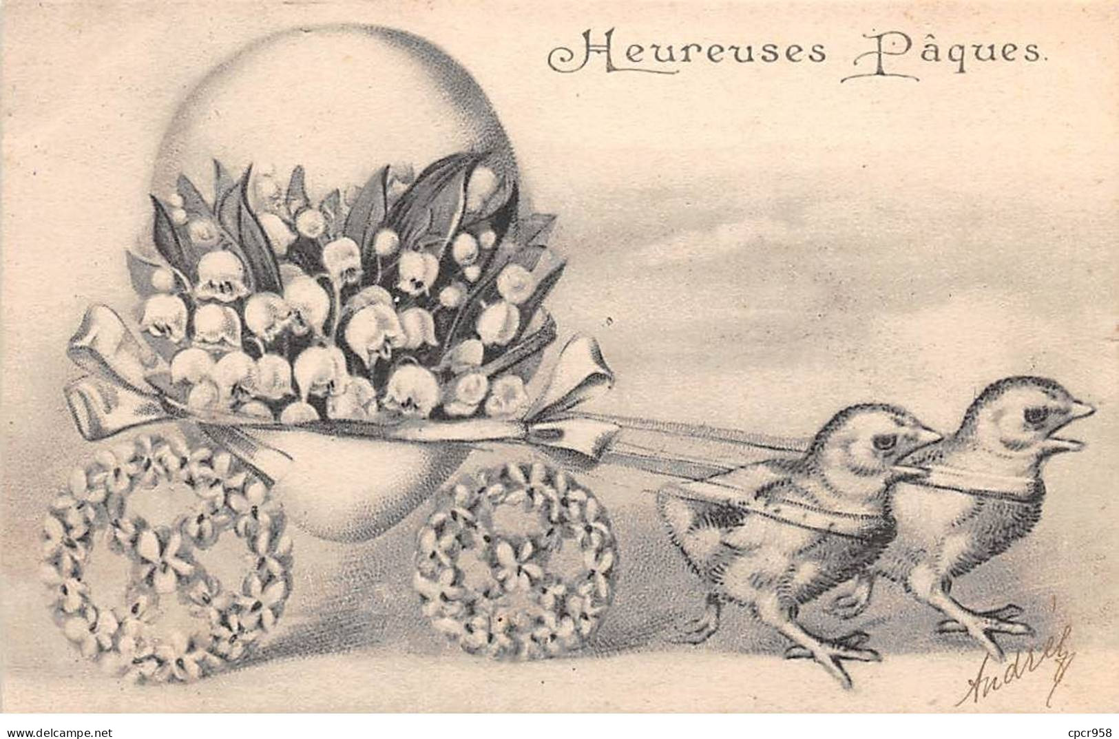 Pâques - N°91213 - Heureuses Pâques - Poussins Tirant Un Oeuf Entouré De Brins De Muguet - Pascua