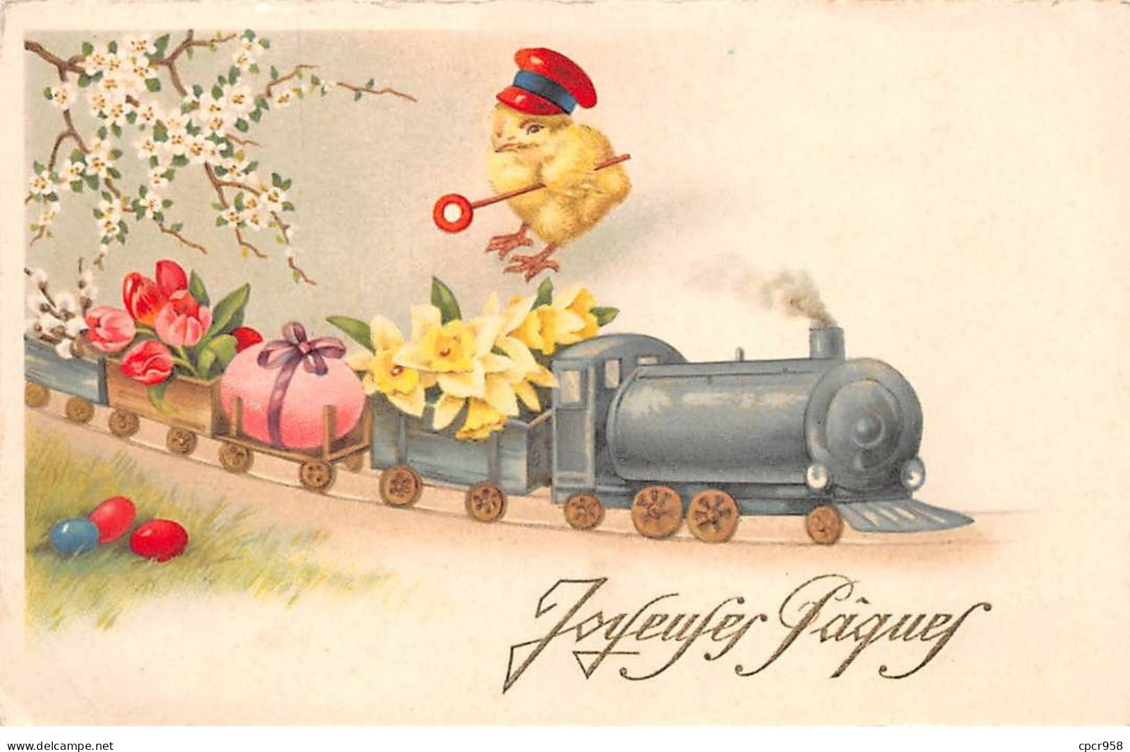 Pâques - N°91203 - Joyeuses Pâques - Poussin En Chef De Gare, Regardant Un Train Avec Un Oeuf Et Des Fleurs - Pâques