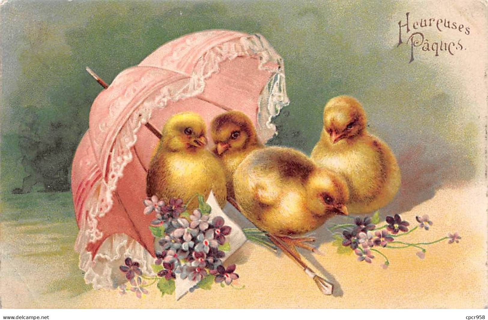 Pâques - N°91210 - Heureuses Pâques - Poussins Près De Violettes Sous Une Ombrelle - Carte Gaufrée - Pascua