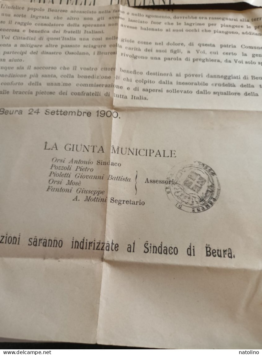 Comune Di Beura Piemonte Settembre 1900 Esondazione Piena Torrente Storia Locale - Documenti Storici