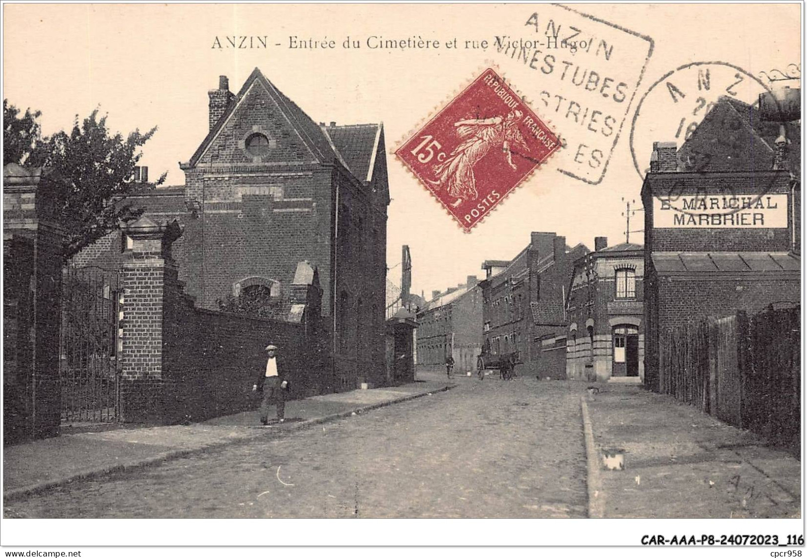 CAR-AAAP8-59-0590 - ANZIN - Entrée Du Cimetière Et Rue Victor Hugo - Marbrier E. Marechal - Anzin