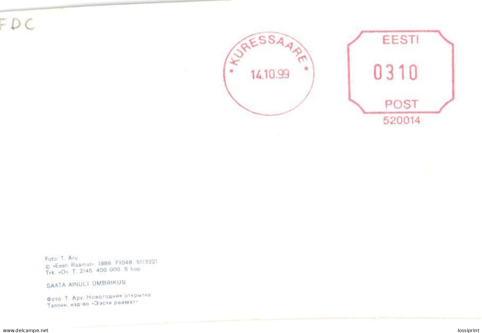Estonia:Kuressaare Machine Cancellation 3.10 1999, FDC - Estonie