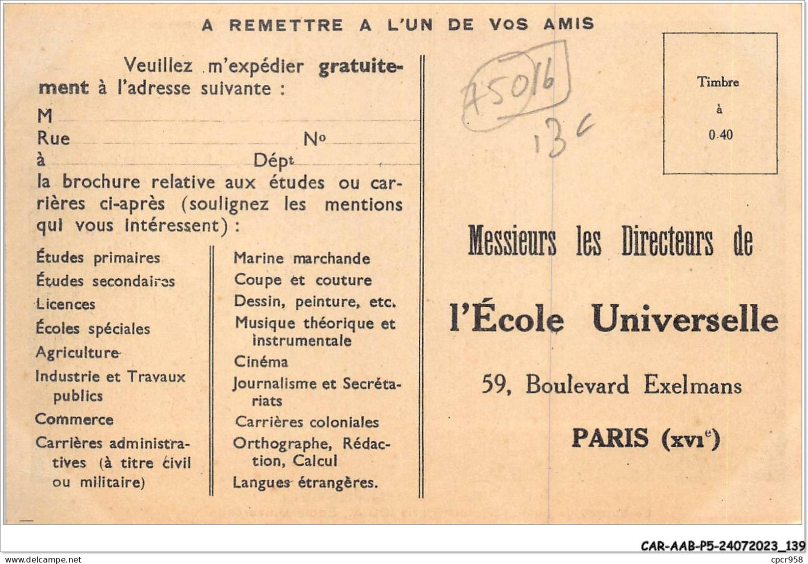 CAR-AABP5-75-0387 - PARIS XVI - Ecole Universelle - Le Bureau De Poste Special - Arrondissement: 16