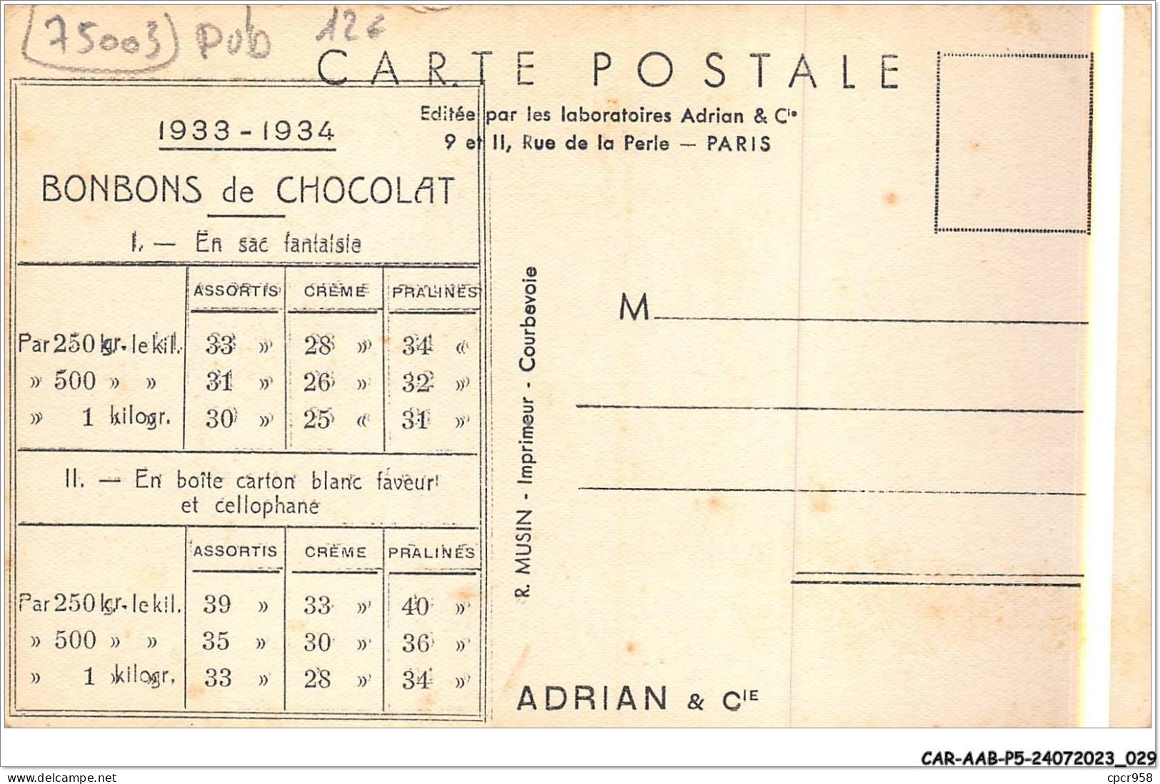CAR-AABP5-75-0332 - PARIS III - Bonbons De Chocolat - Publicite - Distrito: 03