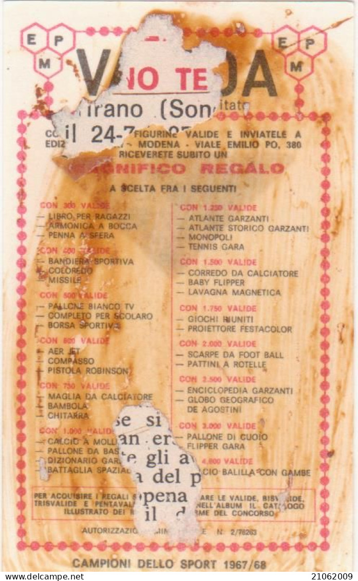 306 MOTOCICLISMO - FRANCESCO VILLA - VALIDA - CAMPIONI DELLO SPORT 1967-68 PANINI STICKERS FIGURINE - Altri & Non Classificati