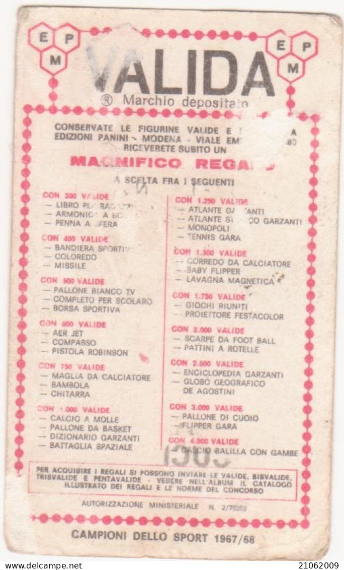 526 TENNIS - GIANNI CUCELLI - VALIDA - CAMPIONI DELLO SPORT 1967-68 PANINI STICKERS FIGURINE - Tarjetas