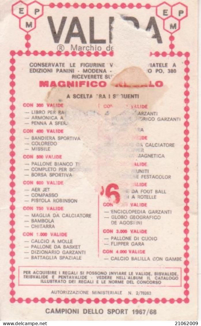 435 PUGILATO - NEVIO CARBI - VALIDA - CAMPIONI DELLO SPORT 1967-68 PANINI STICKERS FIGURINE - Tarjetas