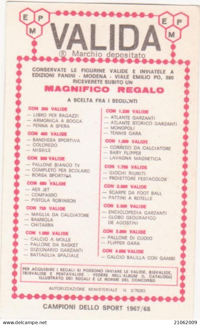 273 CICLISMO - COSTANTE GIRARDENGO - VALIDA - CAMPIONI DELLO SPORT 1967-68 PANINI STICKERS FIGURINE - Cycling