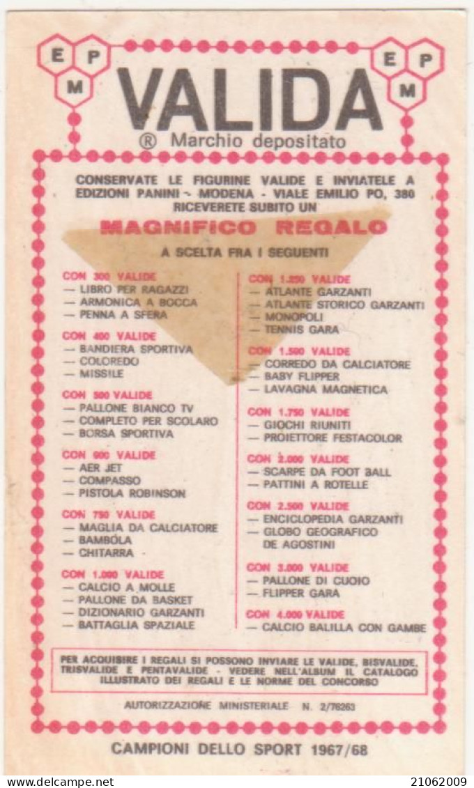 11 ATLETICA LEGGERA - VALIDA - PASQUALE GIANNATTASIO - CAMPIONI DELLO SPORT 1967-68 PANINI STICKERS FIGURINE - Atletismo