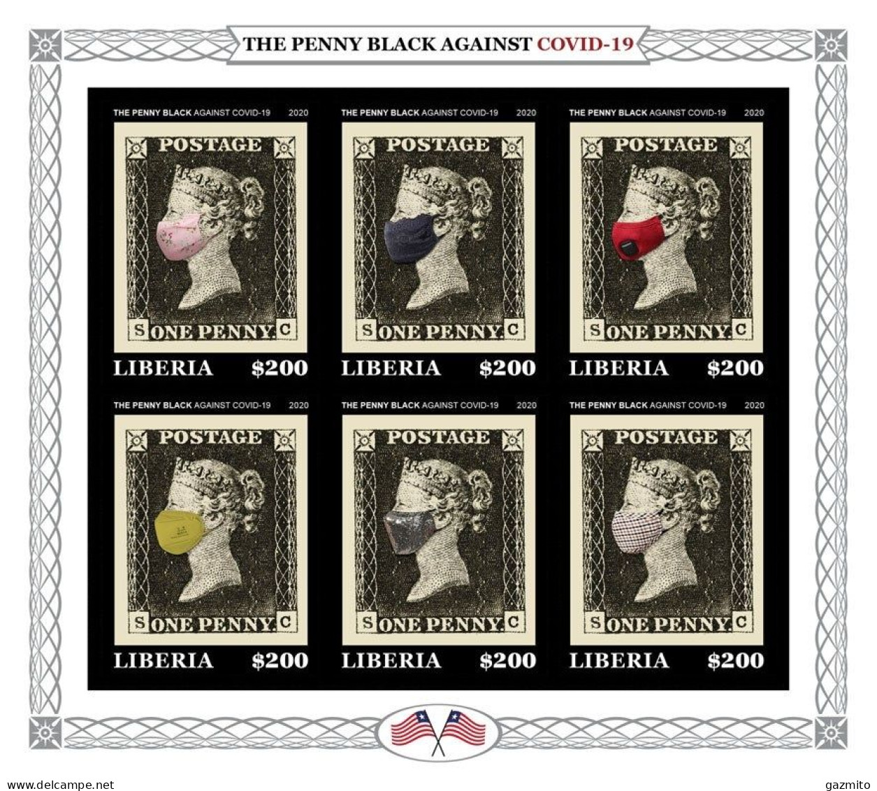 Liberia 2020, Against Covid, Penny Black, 6val In BF IMPERFORATED - Briefmarken Auf Briefmarken