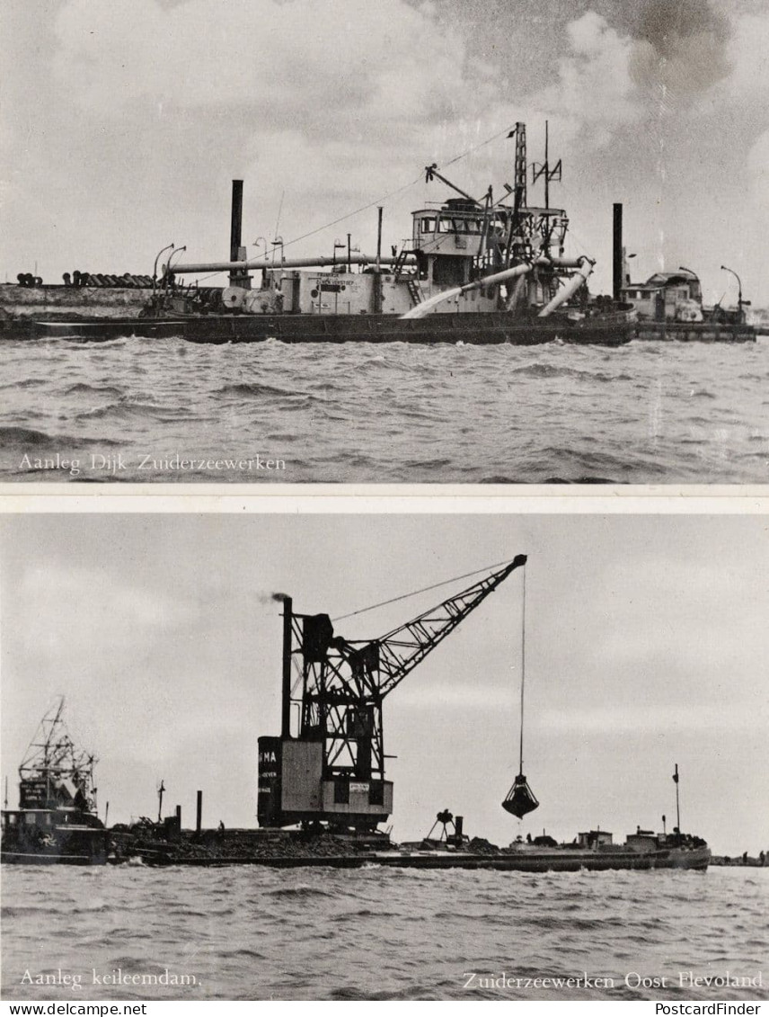 Zuiderzeewerken Aanleg Dijk Holland Crane Ship 2x RPC Postcard S - Other & Unclassified