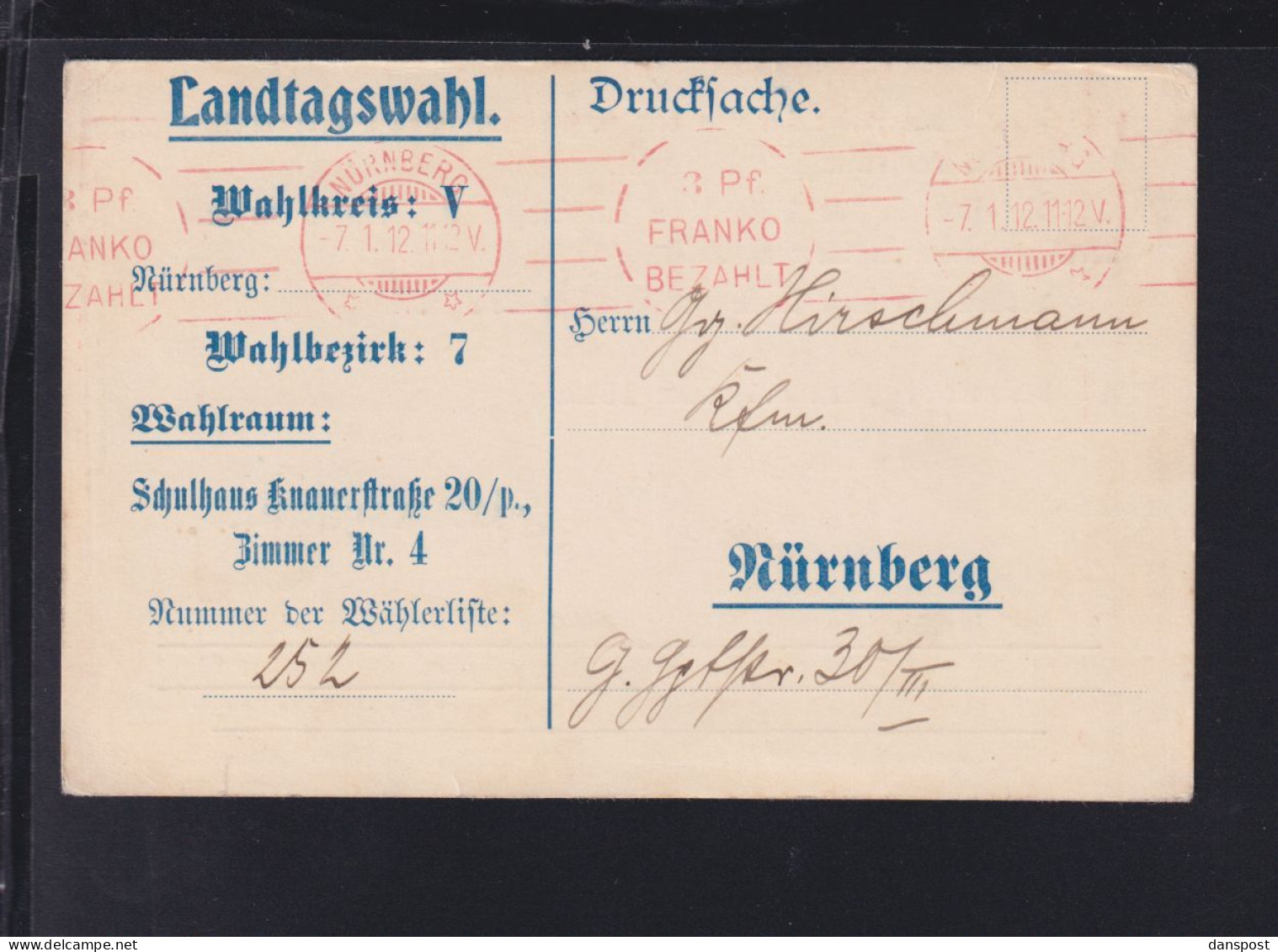 Bayern PK Landtagswahl Nürnberg 1912 - Storia Postale