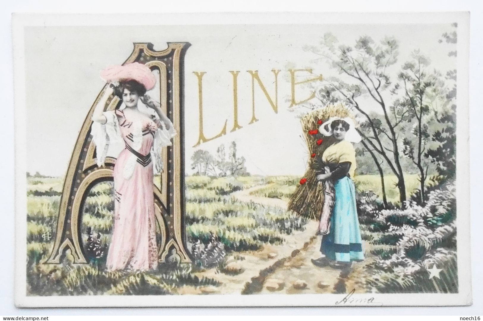 CPA 1905 Prénom Aline - Femmes, Mode Rétro, Chapeaux, Paysage De Campagne - Nombres