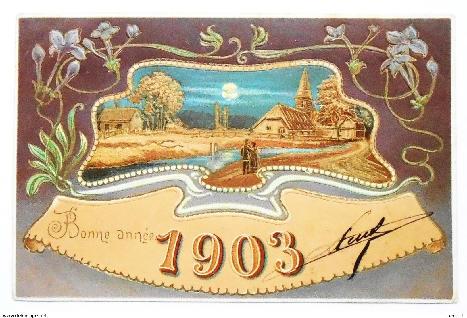 CPA Fantaisie Gaufrée Millésime 1903/ Paysage Dans Un Décor Art Nouveau - Nouvel An