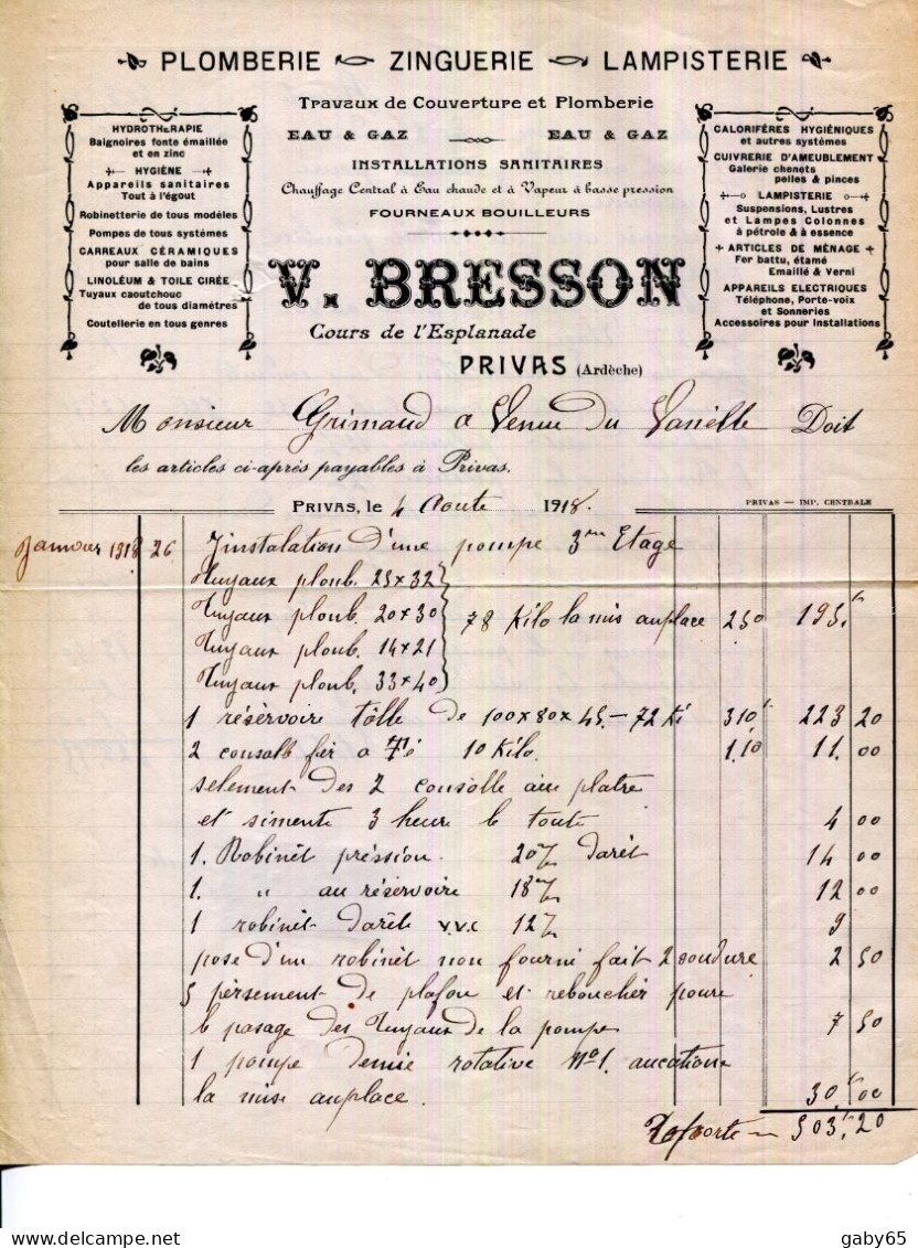 FACTURE.07.ARDECHE.PRIVAS.PLOMBERIE.ZINGUERIE.LAMPISTERIE.V.BRESSON COURS DE L'ESPLANADE. - Auto's