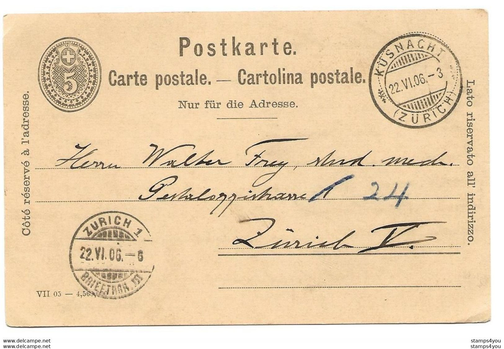 247 - 124 - Entier Postal Avec Cachets à Date Küsnacht Et Zürich 1906 - Postwaardestukken