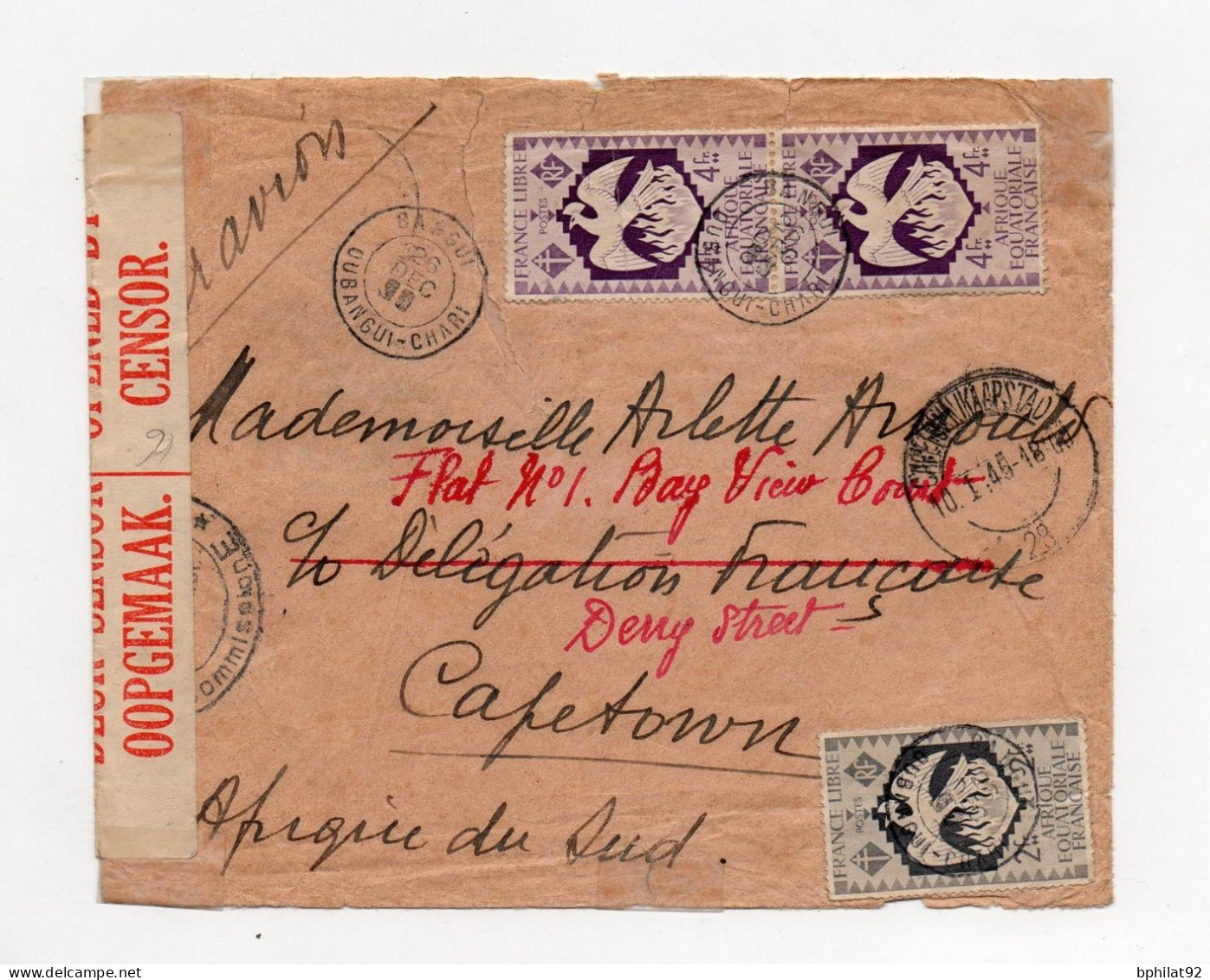 !!! OUBANGUI, LETTRE DE BANGUI DE 1945 POUR L'AFRIQUE DU SUD CENSURE COMMISSION E ET CENSURE SUD AFRICAINE - Storia Postale