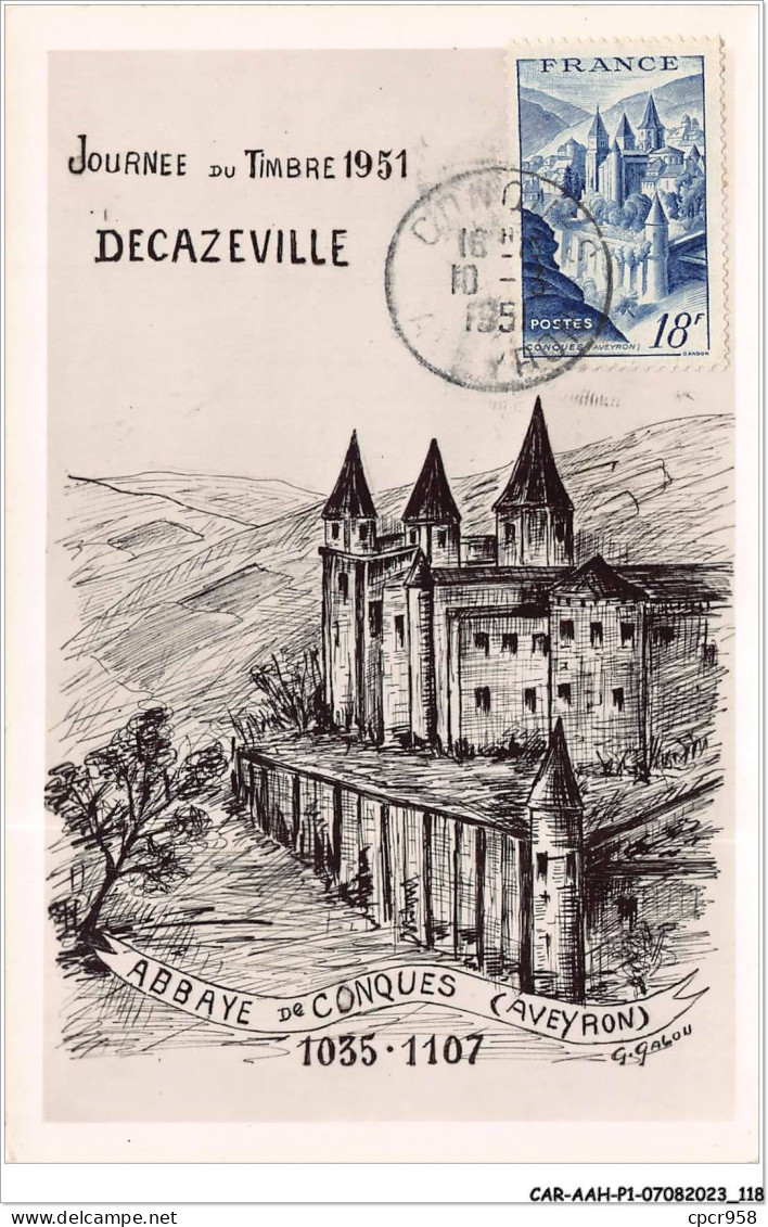 CAR-AAHP1-12-0060 - DECAZEVILLE - Journée Du Timbre 1951 - Abbaye De Conques  - G. Galou - Carte Maximum - Decazeville
