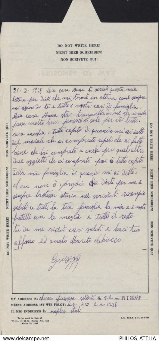 Guerre 40 Prisonnier Italien Fronstalag US à Naples 21 2 45 Censure US ARMY PW RELEASED - Correo Militar (PM)