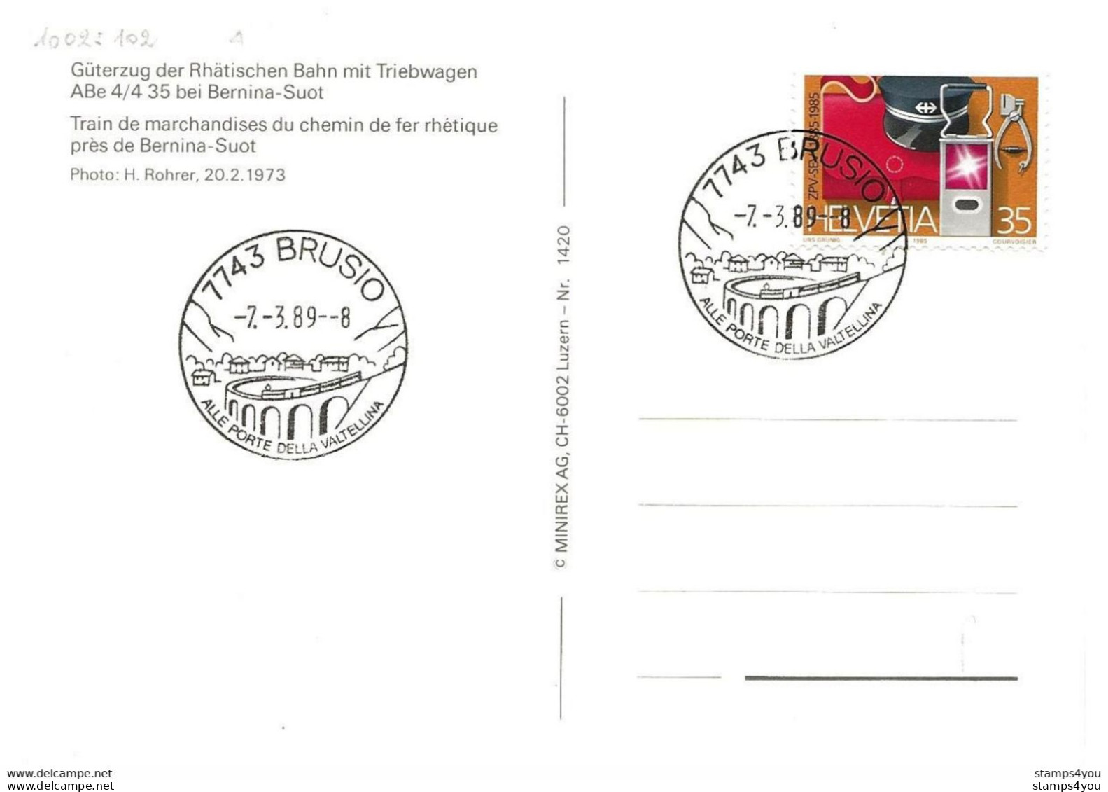 124 - 24 - Carte Ganterbrücke Avec Timbre Chemins De Fer Rhétiques Et Cachets Illustrés Brusio 1989 - Poststempel