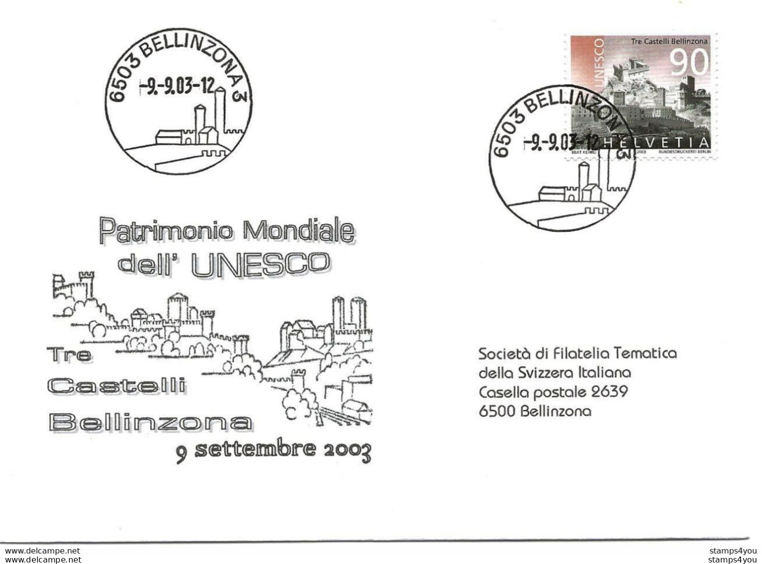 124 - 33 - Enveloppe  Bellinzona Patrimoine Mondial UNESCO 2003" - Cachets Illustrés - Marcophilie