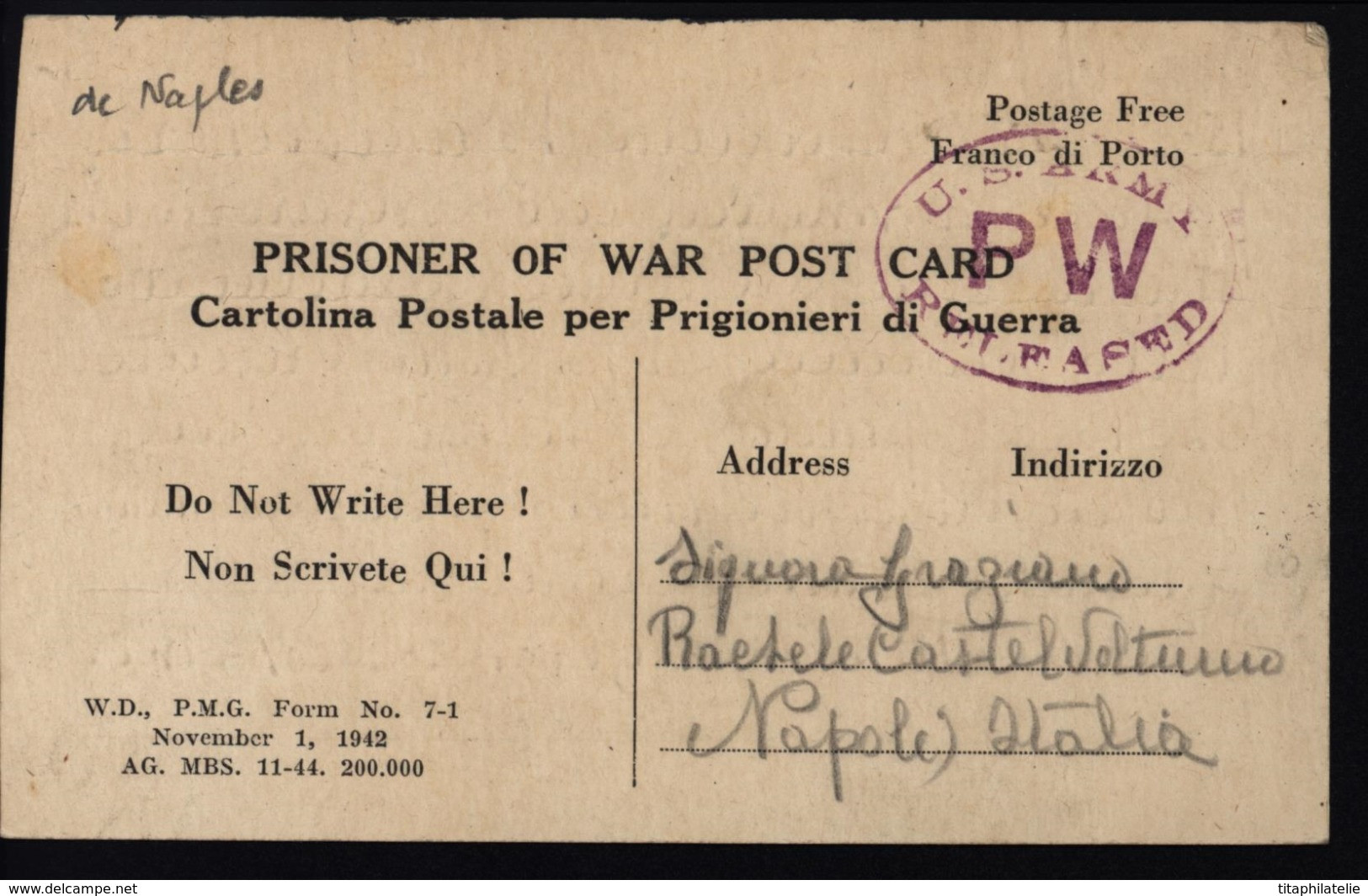 Italie Amérique Front Stalag Naples Camp US Army Prisonnier De Guerre Américain FM Franchise Militaire - Occ. Anglo-américaine: Naples