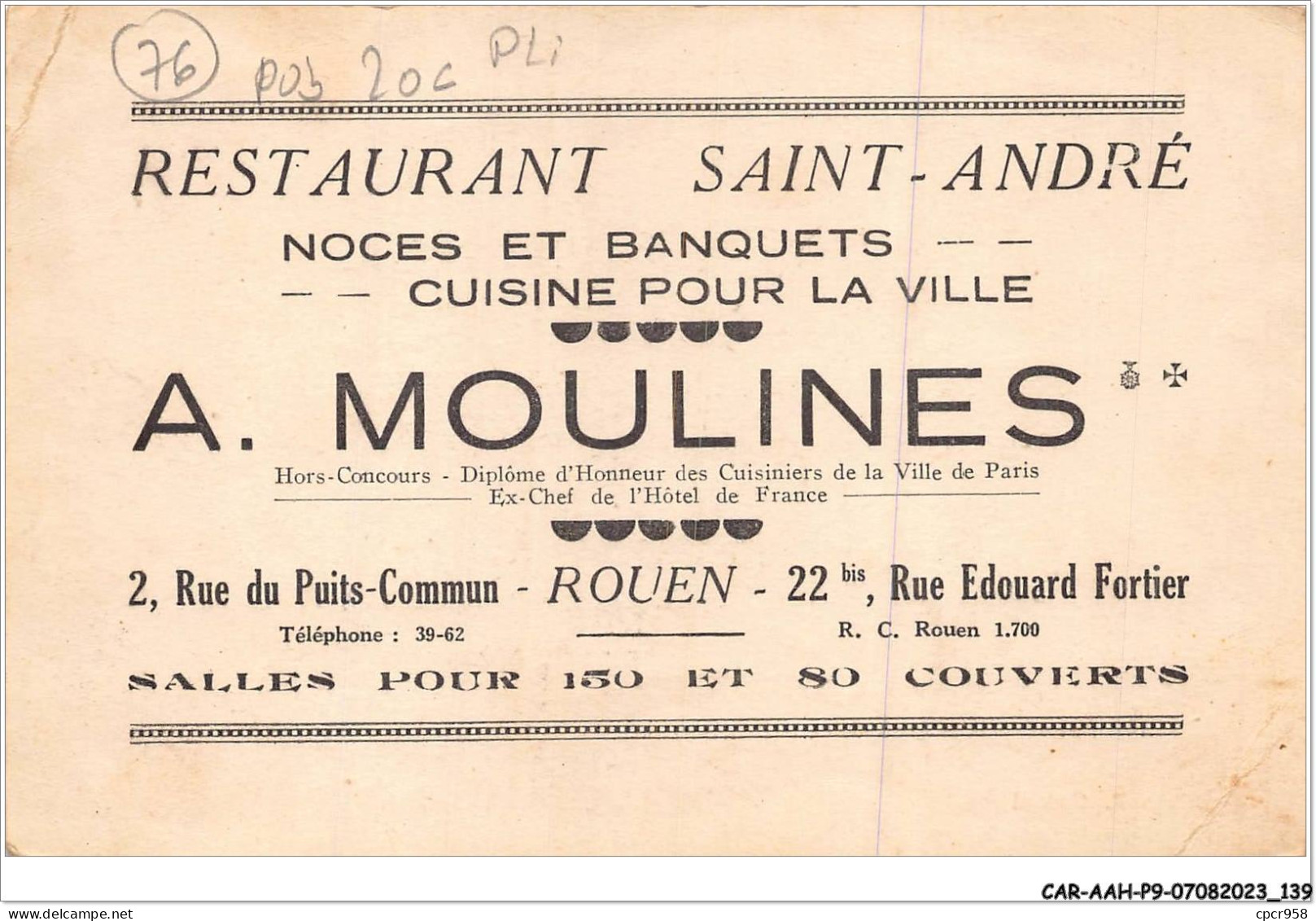 CAR-AAHP9-76-0839 - ROUEN - Restaurant Saint-andré - Noces Et Banquets - Carte Pliee, Vendue En L'etat - Rouen