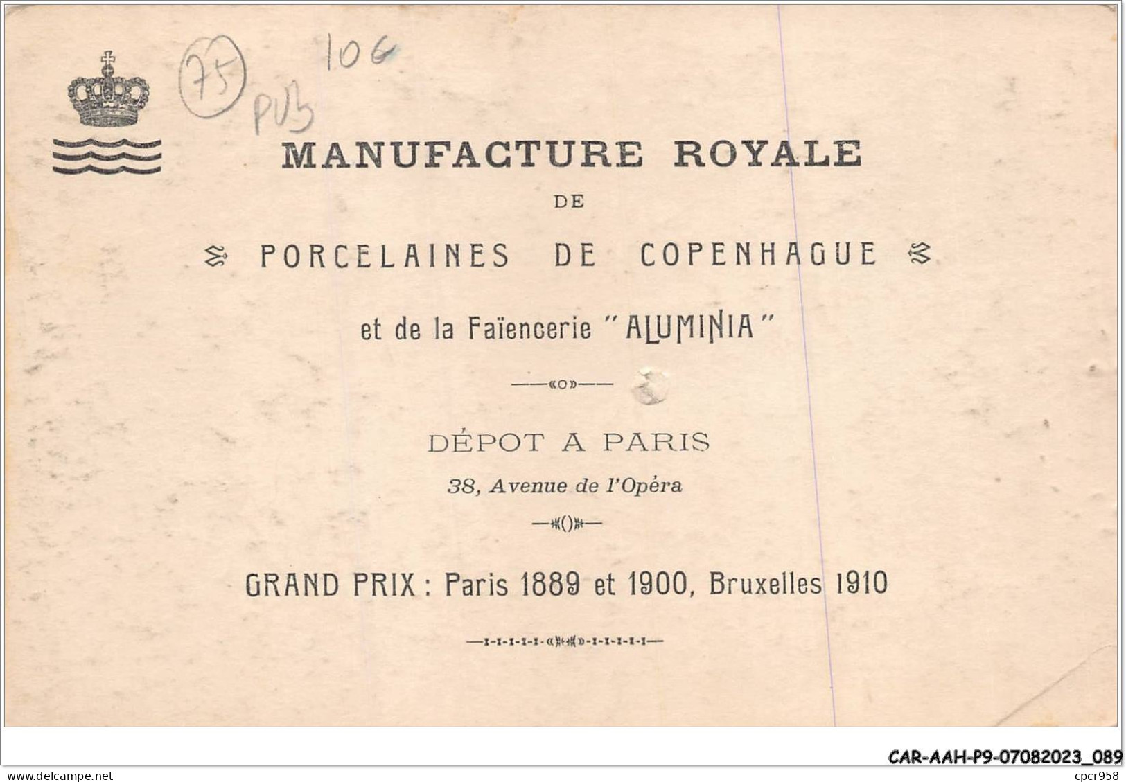 CAR-AAHP9-75-0814 - PARIS - Manufacture Royale - Porcelaines De Copenhague - Publicite - Other Monuments