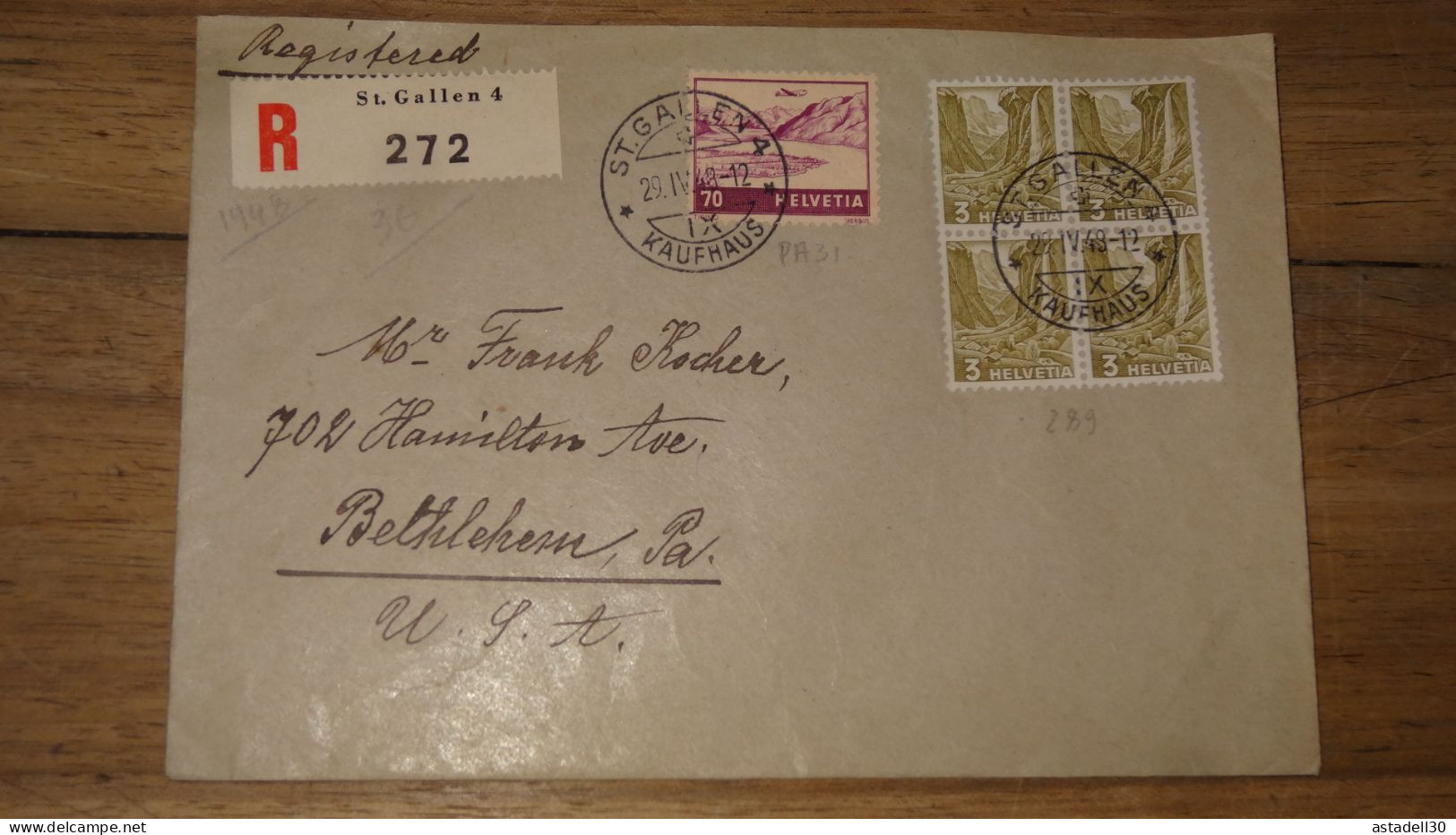 Enveloppe SUISSE, Recommandée, St Gallen - 1948, Bloc 4  ......... Boite1 ...... 240424-157 - Storia Postale