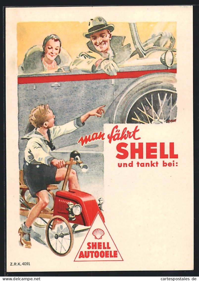Künstler-AK Reklame Für Shell-Tankstellen, Autofahrer Im Gespräch Mit Einem Knaben  - Toerisme