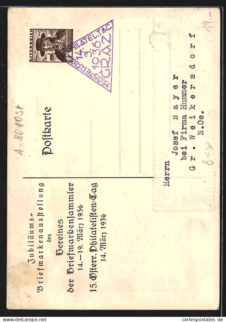 Künstler-AK Graz, 50 Jahre Verein D. Briefmarkensammler 1886-1936, Ausstellung 14.-19.3.1936, Turm, Briefmarke  - Other & Unclassified