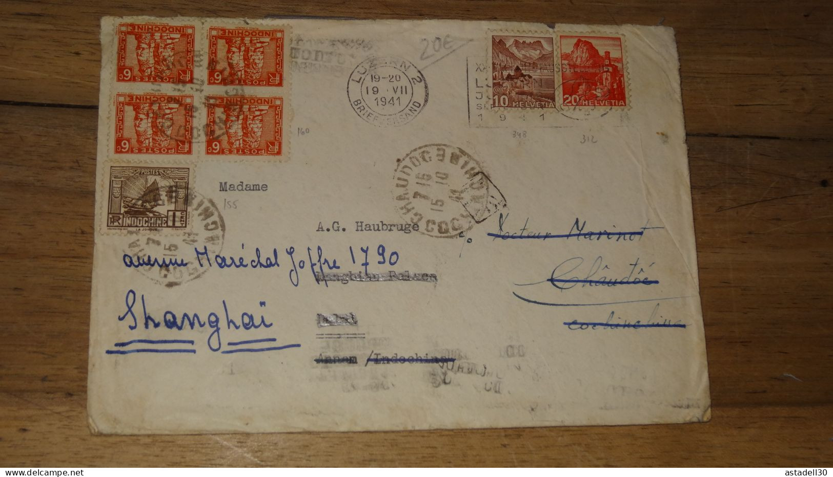 Enveloppe SUISSE Pour INDOCHINE, Puis CHINA, Shangai - 1941 ......... Boite1 ...... 240424-158 - Postmark Collection
