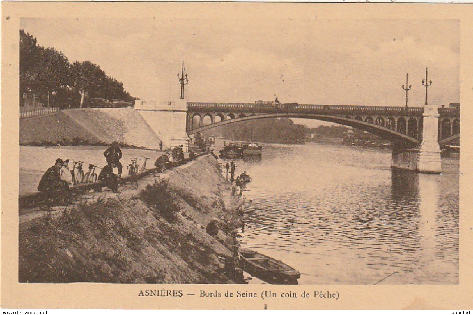 MO 1-(92) ASNIERES - BORDS DE SEINE ( UN COIN DE PECHE ) - PENICHES - PECHEURS , CYCLISTES - 2 SCANS - Asnieres Sur Seine