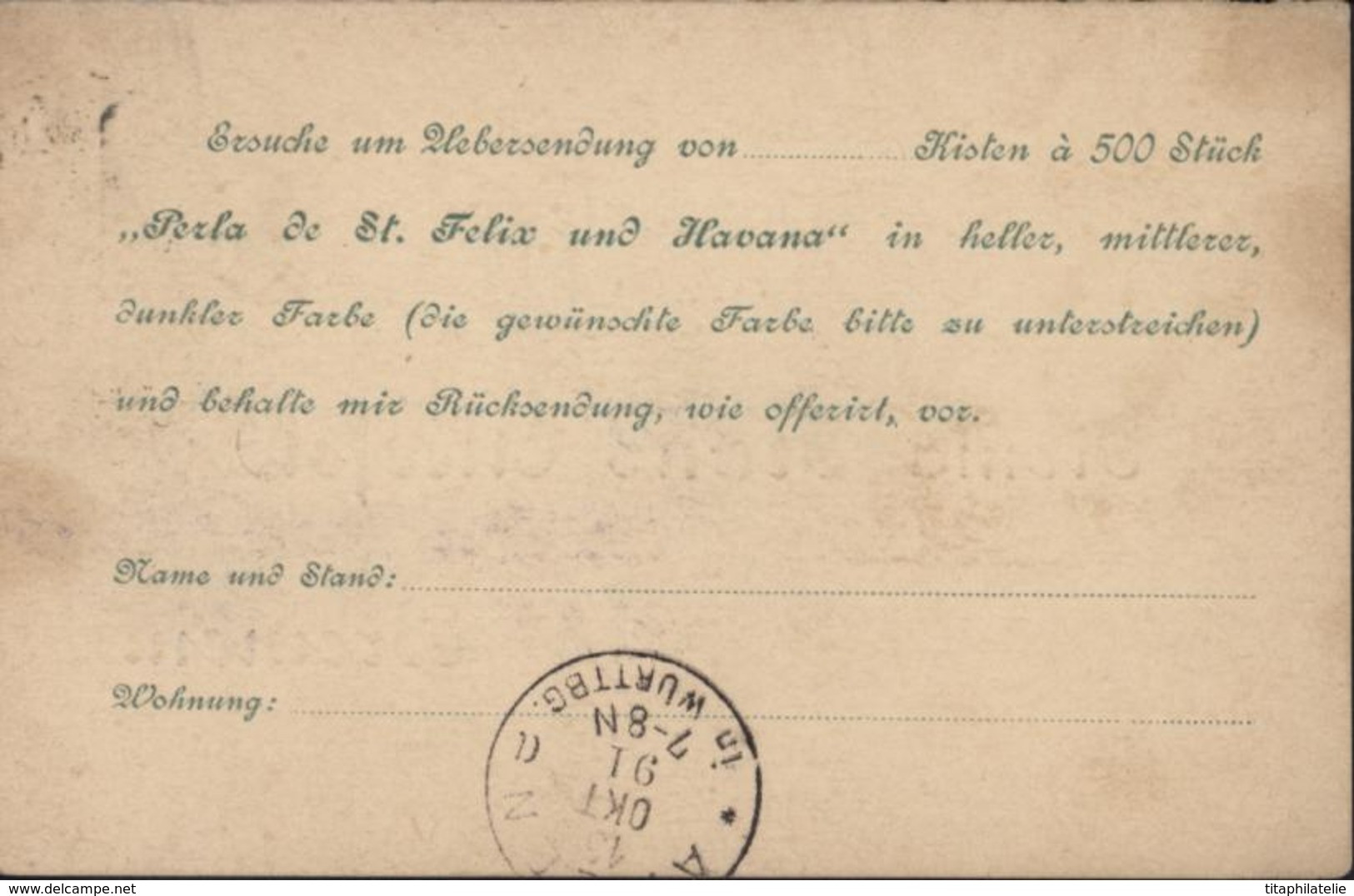 Entier Type H PU 17 Michel Timbre 46 C Vert Timbré S Commande Firma F Aldefeld Bremen Cigar Perla St Felix Havana Tabac - Private Postal Stationery