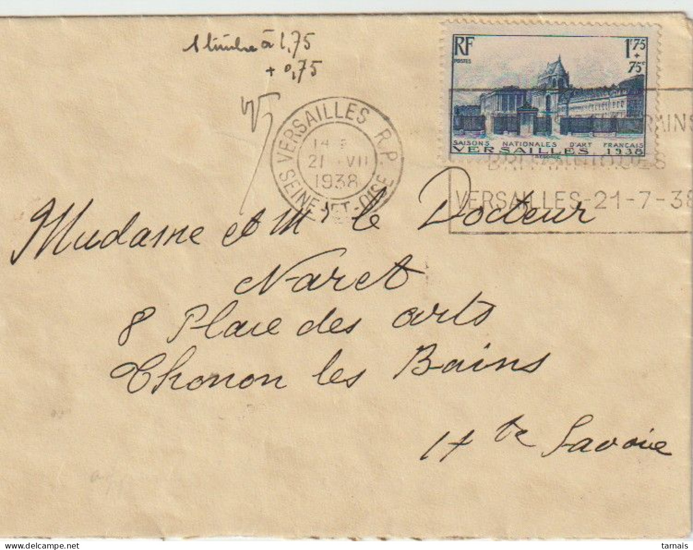 1938 N°379 Versailles Oblitéré Versailles Seul Sur Enveloppe (lot 600a) - Usati