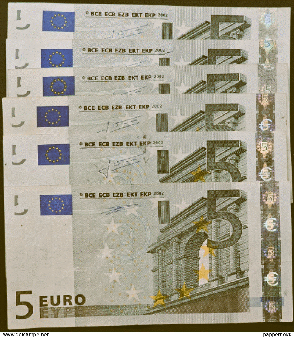 5 Euro 1° Serie  L009 D4- L029 J1 - E002 J6 - E009 D1 - P016 D5 - R002 G1. 6 Banconote - 5 Euro