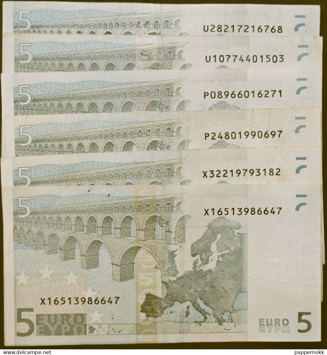 5 Euro 1° Serie  L009 D4- L029 J1 - E002 J6 - E009 D1 - P016 D5 - R002 G1. 6 Banconote - 5 Euro