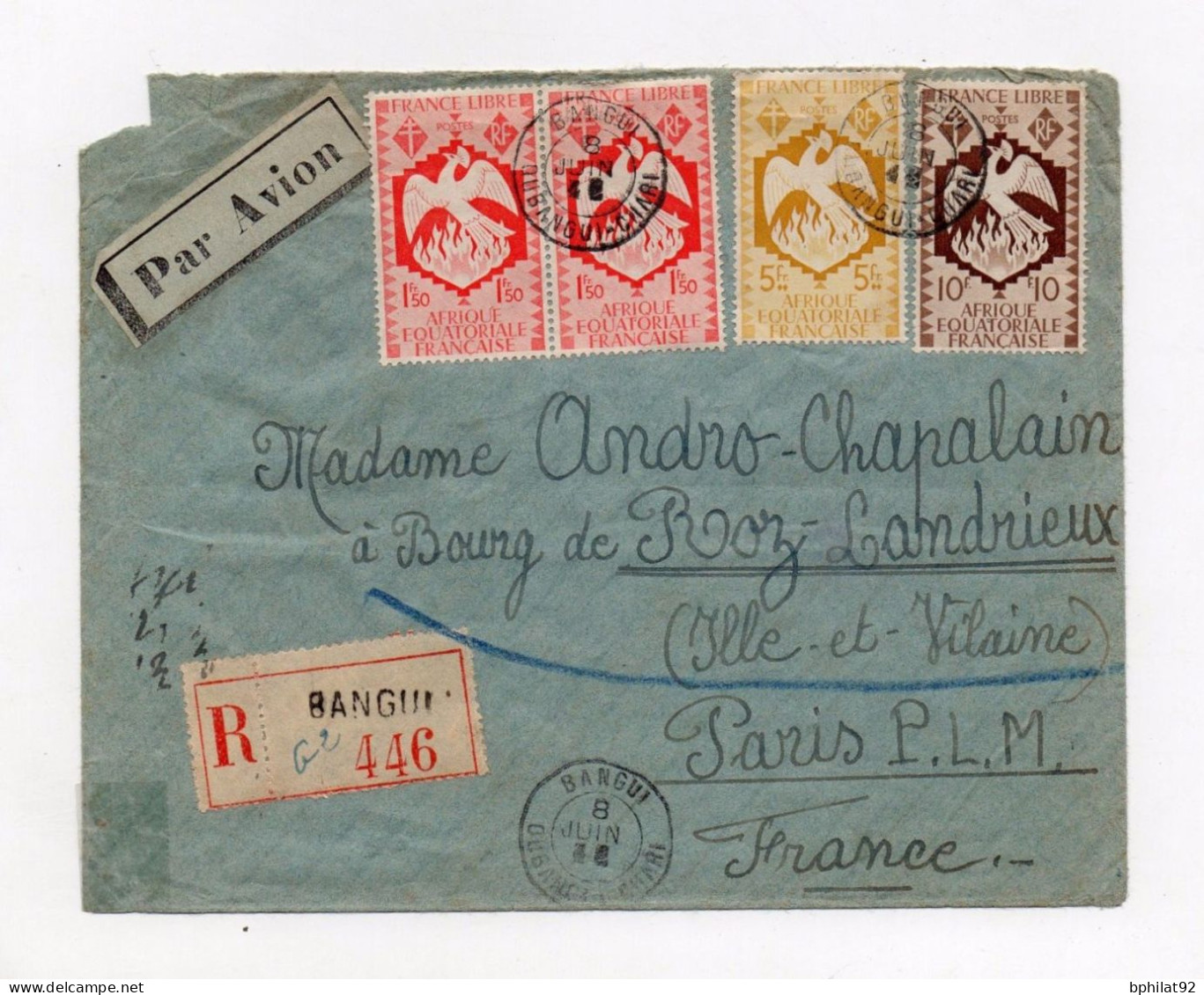 !!! OUBANGUI, LETTRE RECOMMANDEE DE BANGUI DE 1943 POUR LA FRANCE - Storia Postale