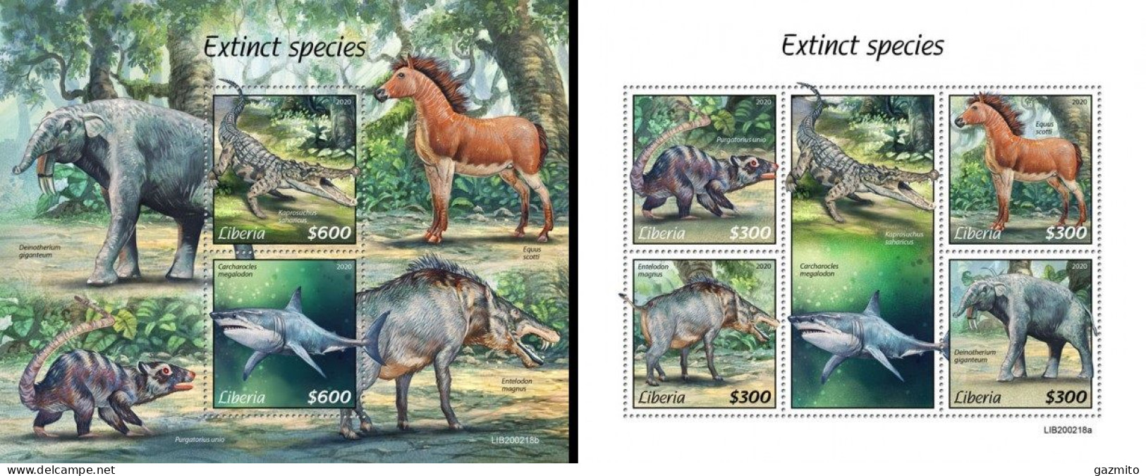 Liberia 2020, Animals Extinct, Shark, Horse, Crocodile, 4val In BF+BF - Fische