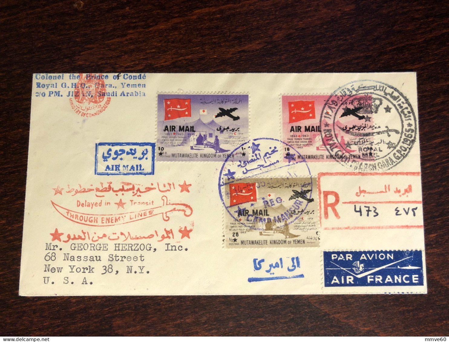 YEMEN TRAVELLED COVER REGISTERED LETTER TO USA 1965 YEAR RED CRESCENT RED CROSS HEALTH MEDICINE STAMPS - Yemen